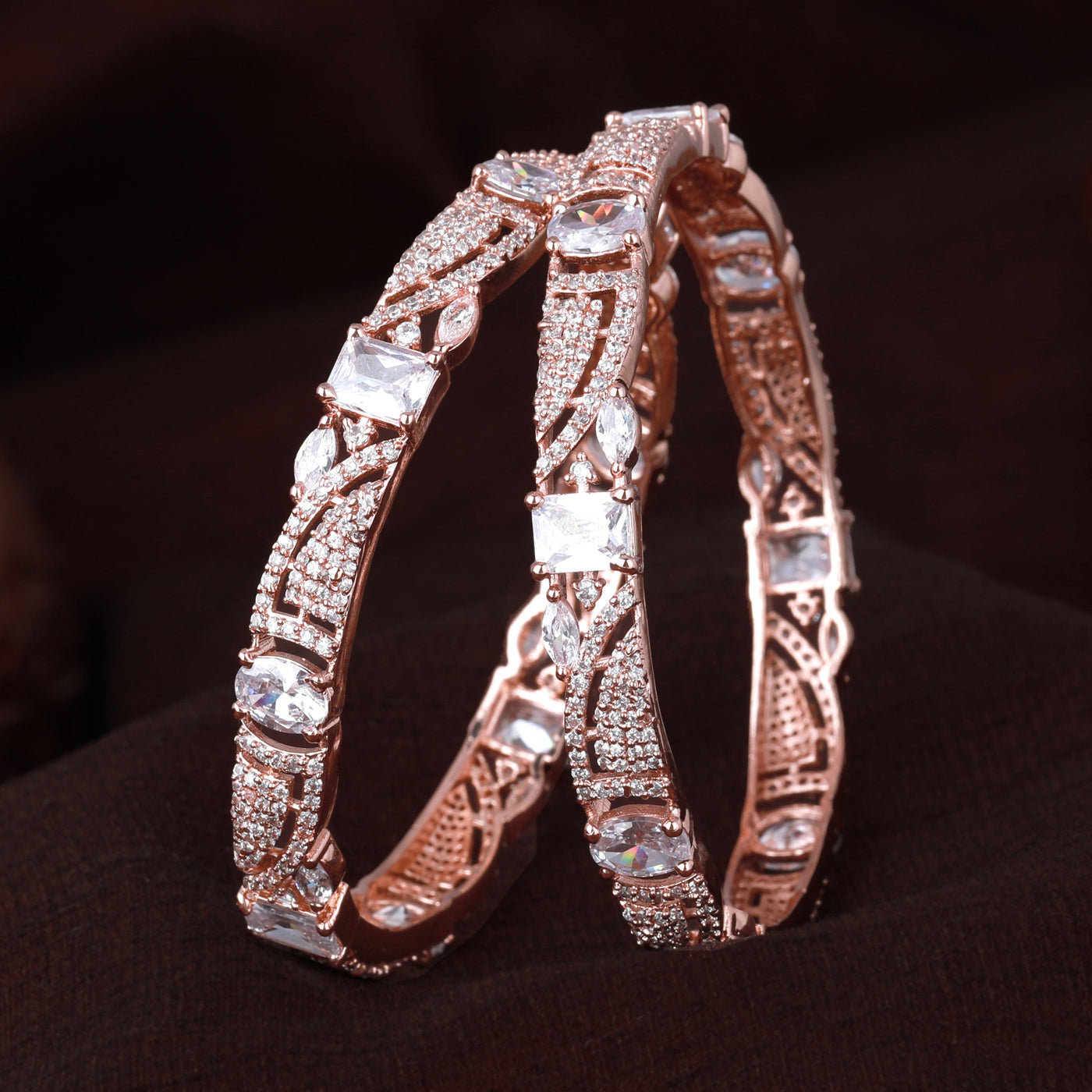 Estele Rose Gold Plated CZ Scintillating Designer Bangles with White Stones for Women