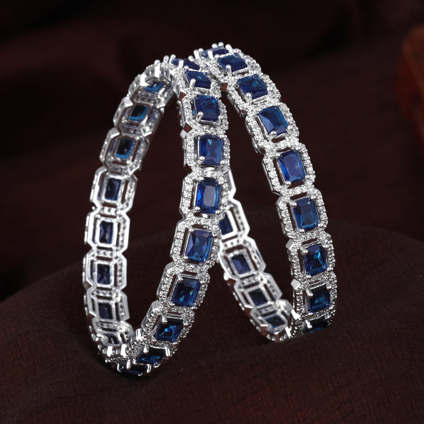 Estele Rhodium Plated CZ Radiant Square Designer Bangles with Blue Stones for Women