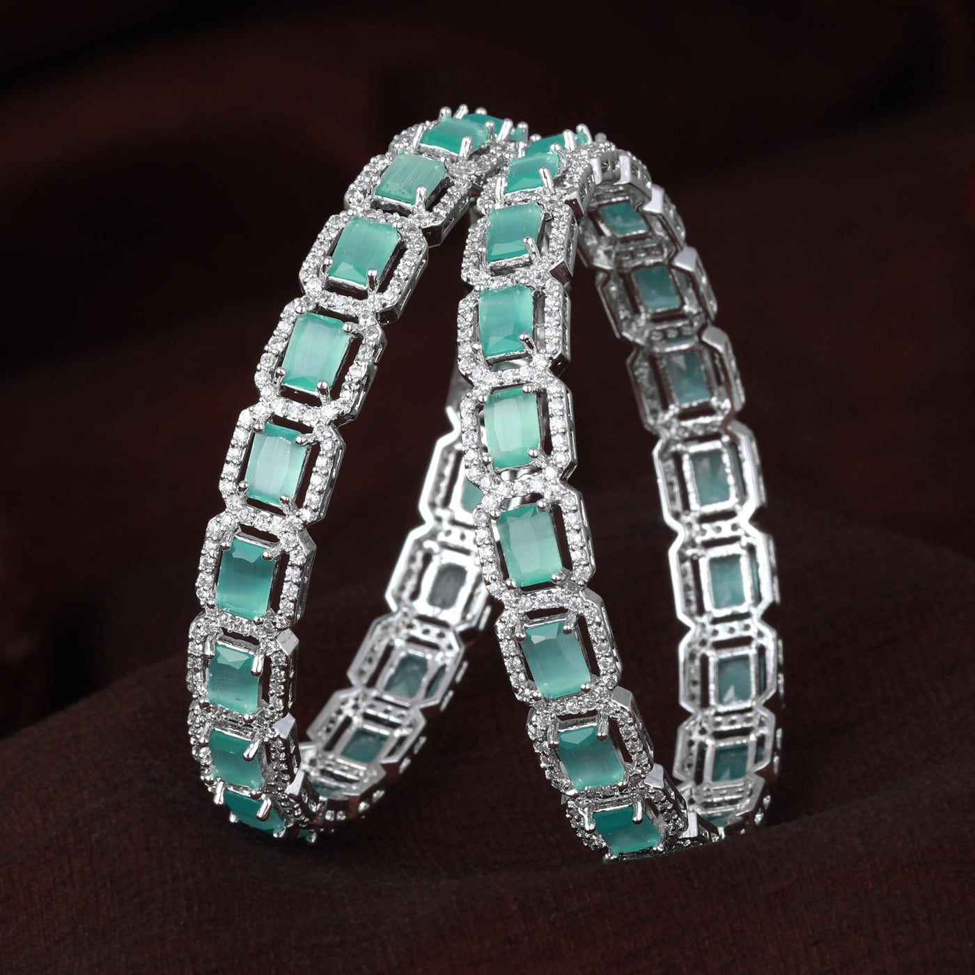 Estele Rhodium Plated Radiant Square Pattern Mint Green American Diamond Bangles |Available Sizes 2:4, 2:6 & 2:8| A Stunning Jewelry for Women