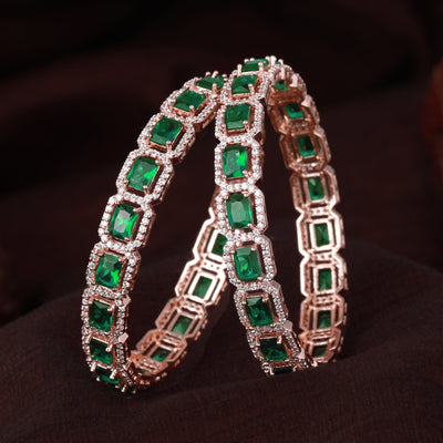 Estele Rose Gold Plated CZ Radiant Square Designer Bangles with Green Stones for Women