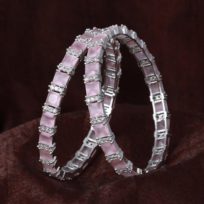 Estele Rhodium Plated CZ Splendid Square Designer Bangles with Mint Pink Stones for Women