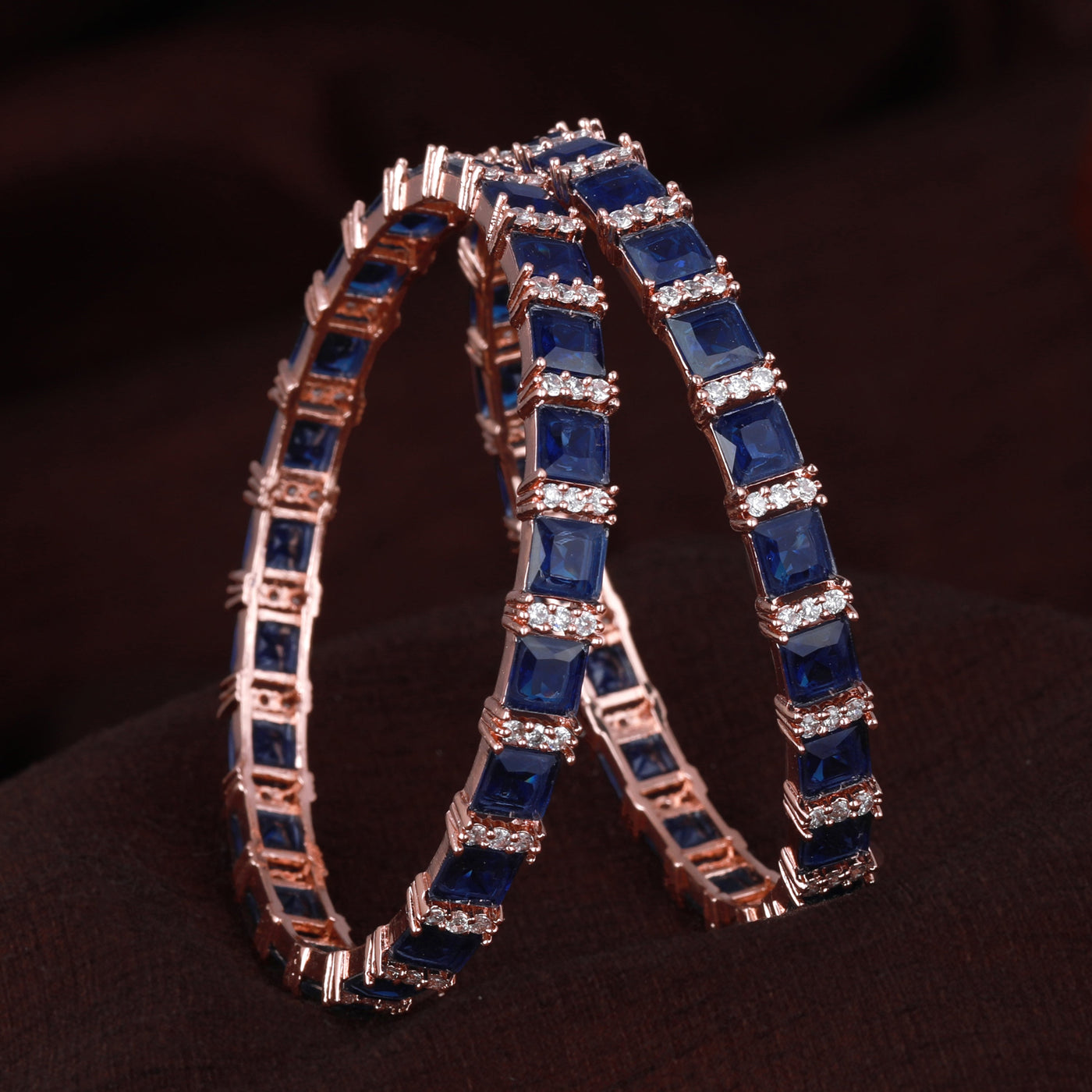 Estele Rose Gold Plated CZ Splendid Square Designer Bangles with Blue Stones for Women