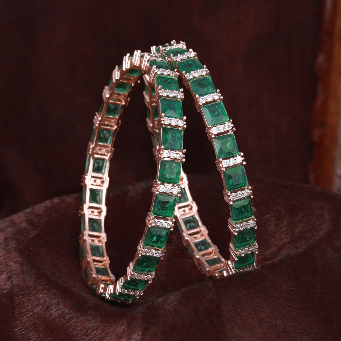 Estele Rose Gold Plated CZ Splendid Square Designer Bangles with Green Stones for Women