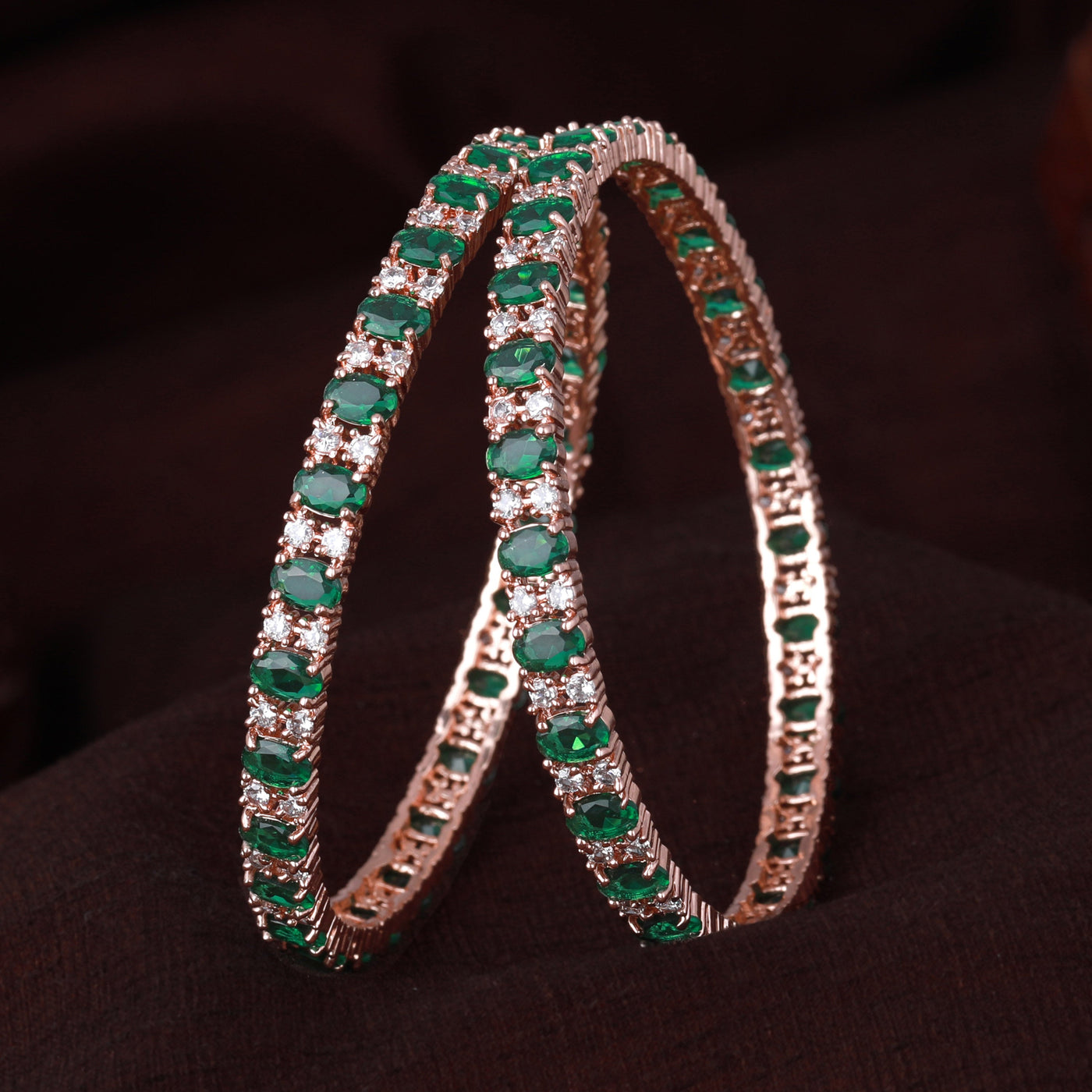 Estele Rose Gold Plated CZ Splendid Square Designer Bangles with Green Stones for Women