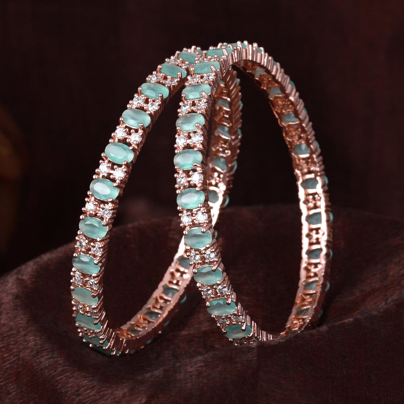 Estele Rose Gold Plated CZ Splendid Square Designer Bangles with Mint Green Stones for Women