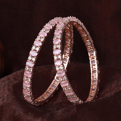 Estele Rose Gold Plated CZ Splendid Square Designer Bangles with Mint Pink Stones for Women