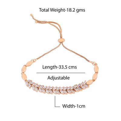 Estele Rosegold Plated CZ Leaf Designer Adjustable Charm Bracelet with White American Diamonds for Women