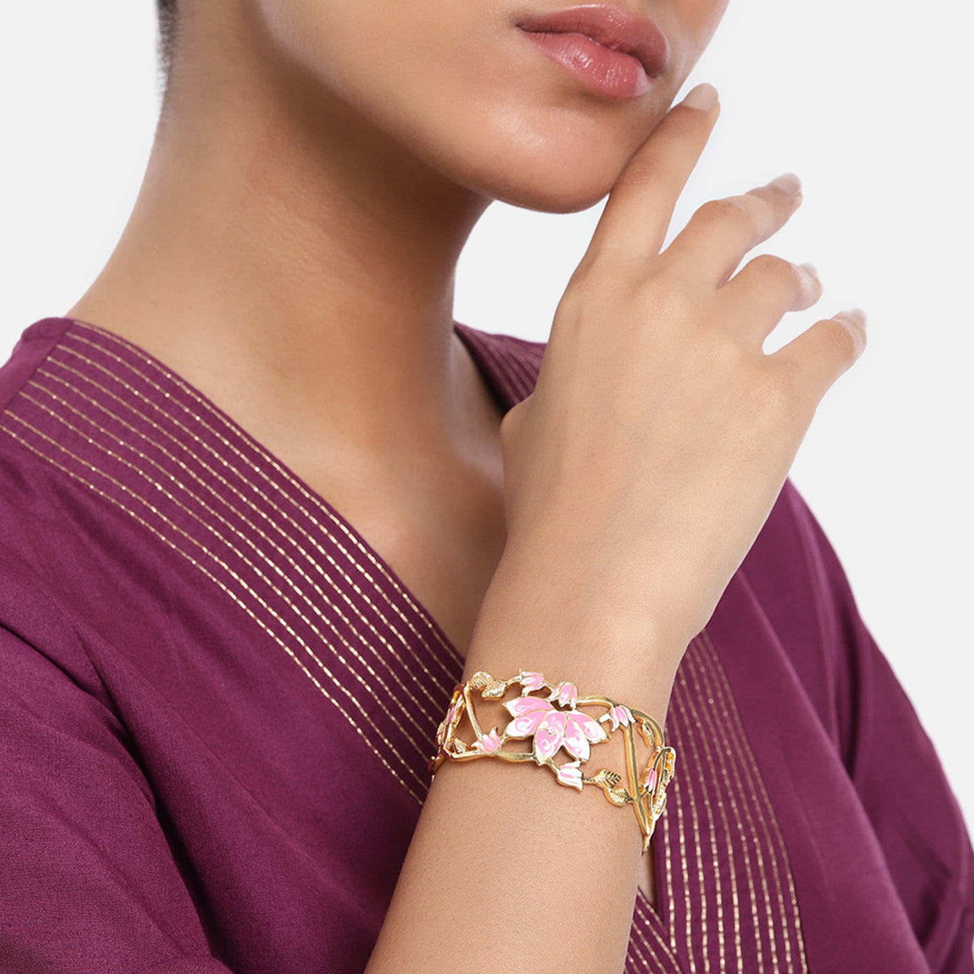 Estele Gold Plated Pink Enamelled Lotus Designer Gorgeous Cuff Bracelet for Girl's & Women