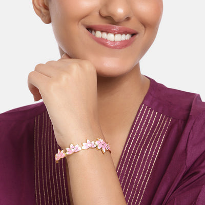 Estele Gold Plated Pink Enamelled Lotus Designer Appealing Cuff Bracelet for Girl's & Women