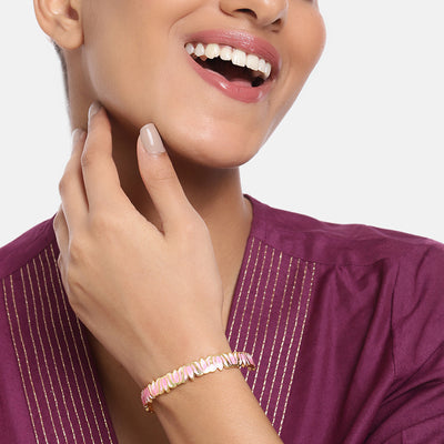 Estele Gold Plated Pink Enamelled Lotus Designer Attractive Cuff Bracelet for Girl's & Women