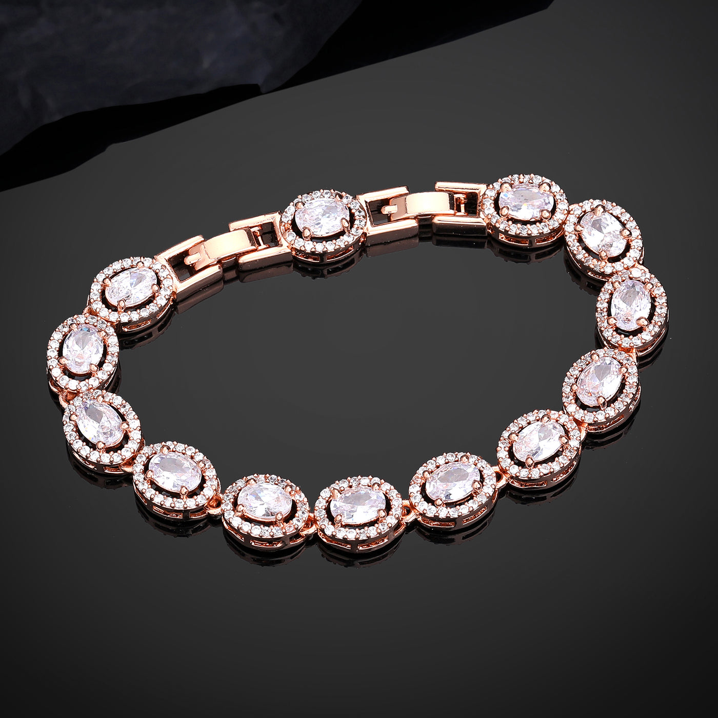 Estele Rosegold Plated Shimmering Charm Bracelet with White American Diamonds: Trendy & Versatile Jewelry for Women