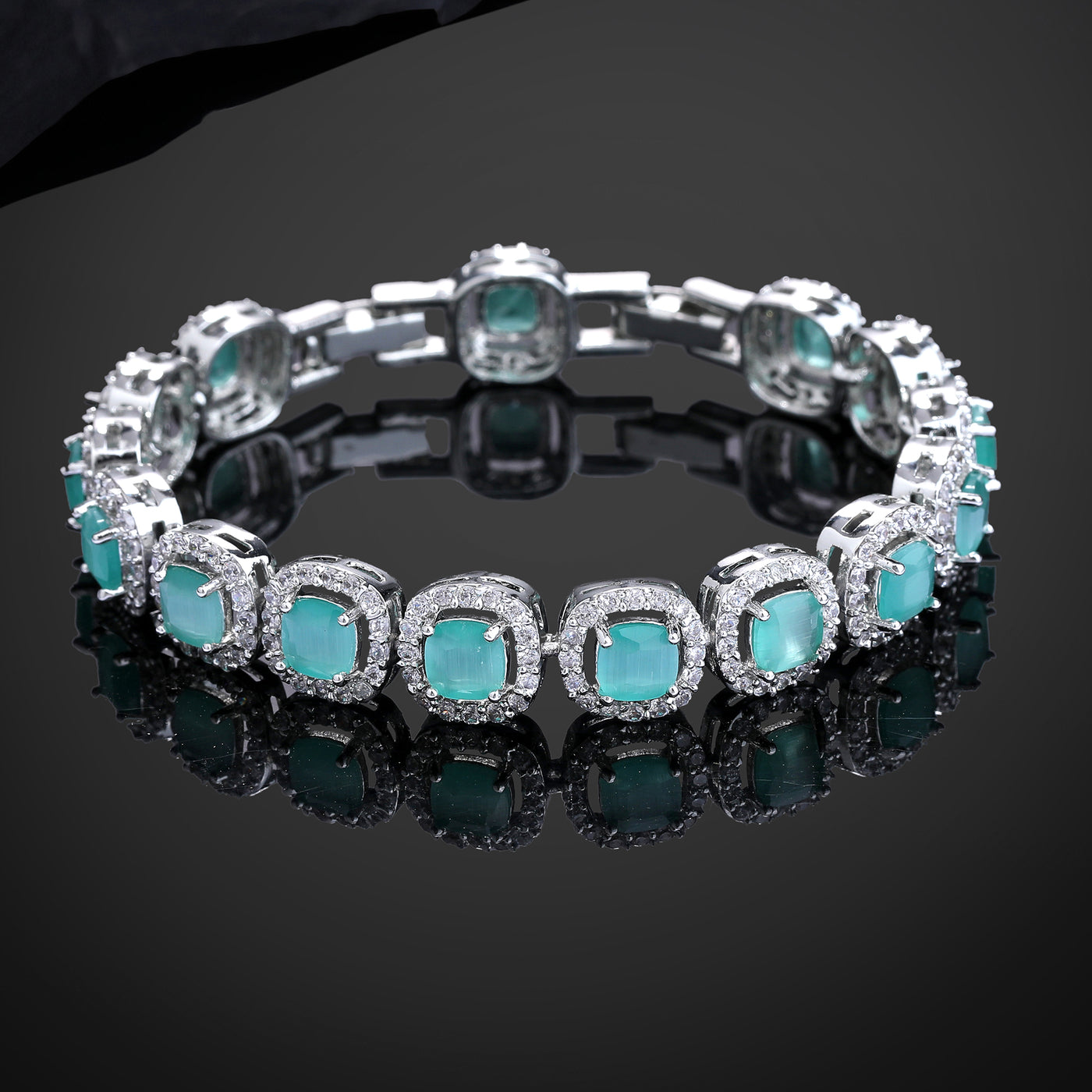 Estele Rhodium Plated Shining Mint Green American Diamonds Adorned Charm Bracelet for Women-Dazzling Charm for Every Look