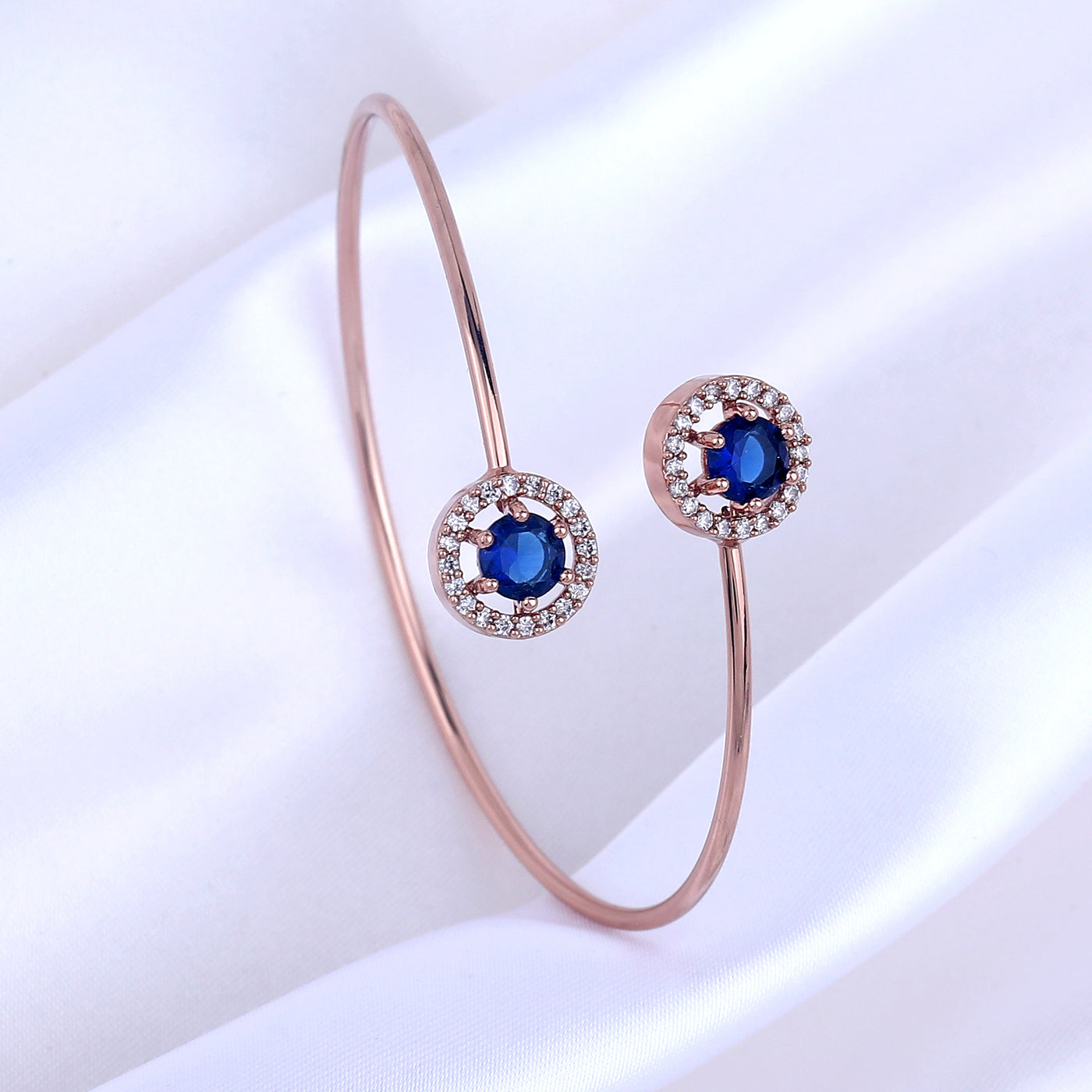 Estele Rosegold Plated Trendy and Comfortable Lightweight Cuff Kada Bracelet with Classic Blue Stones for Girls & Women