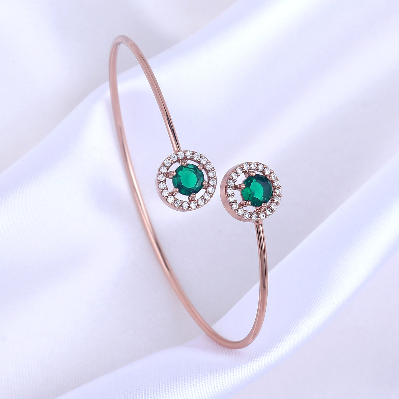 Estele Rosegold Plated Elegant and Lightweight Cuff Kada Bracelet with Stunning Green Stones for Girls & Women