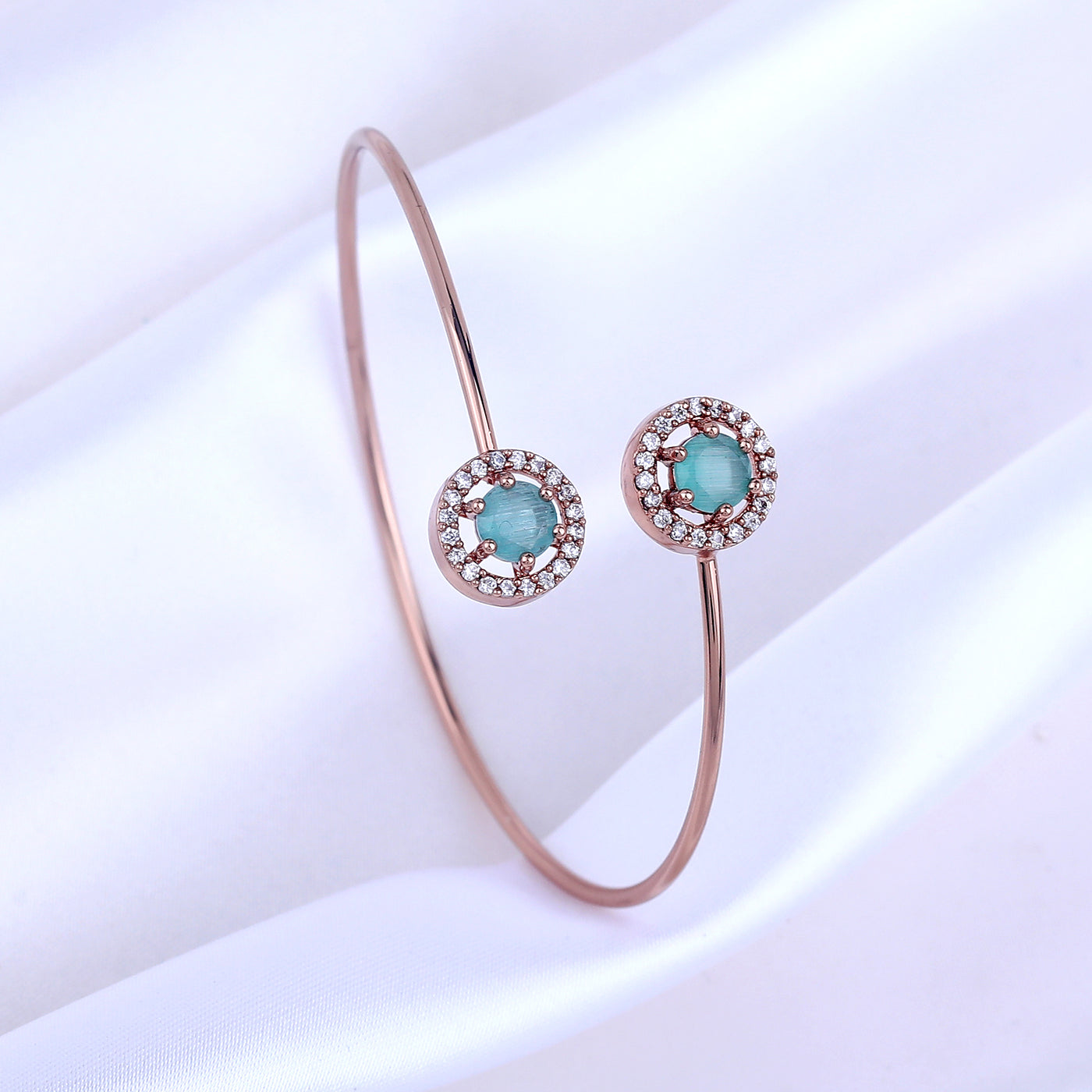 Estele Rosegold Plated Minimalist & Lightweight Cuff Kada Bracelet with Glossy Mint Green Stones for Girls & Women