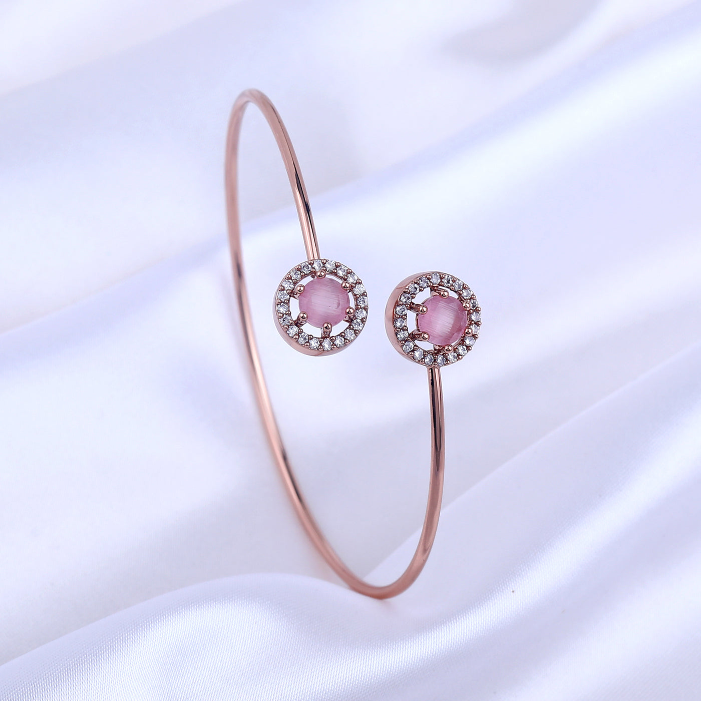 Estele Rosegold Plated Charming Lightweight Cuff Kada Bracelet with Glossy Mint Pink Stones for Girls & Women