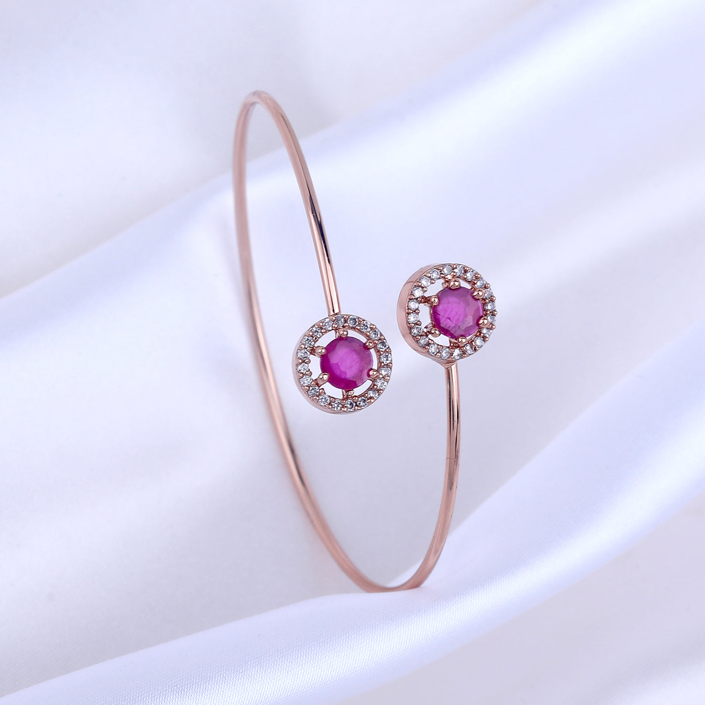 Estele Rosegold Plated Trendy Fashionable Lightweight Cuff Kada Bracelet with Sparkling Ruby Stones for Girls and Women