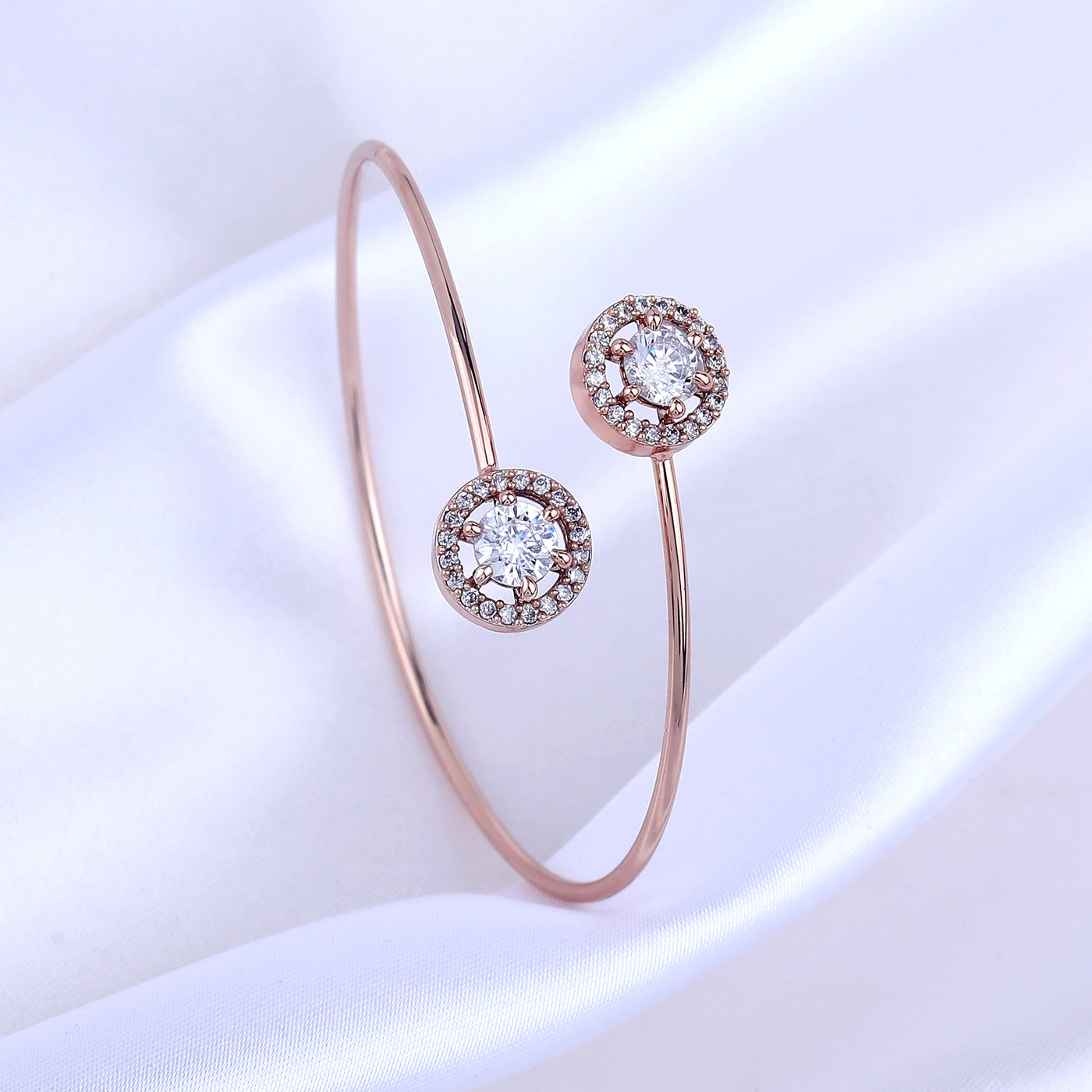 Estele Rosegold Plated Fashionable Circle Motif Cuff Kada Bracelet with White Sparkling Diamonds for Girls and Women