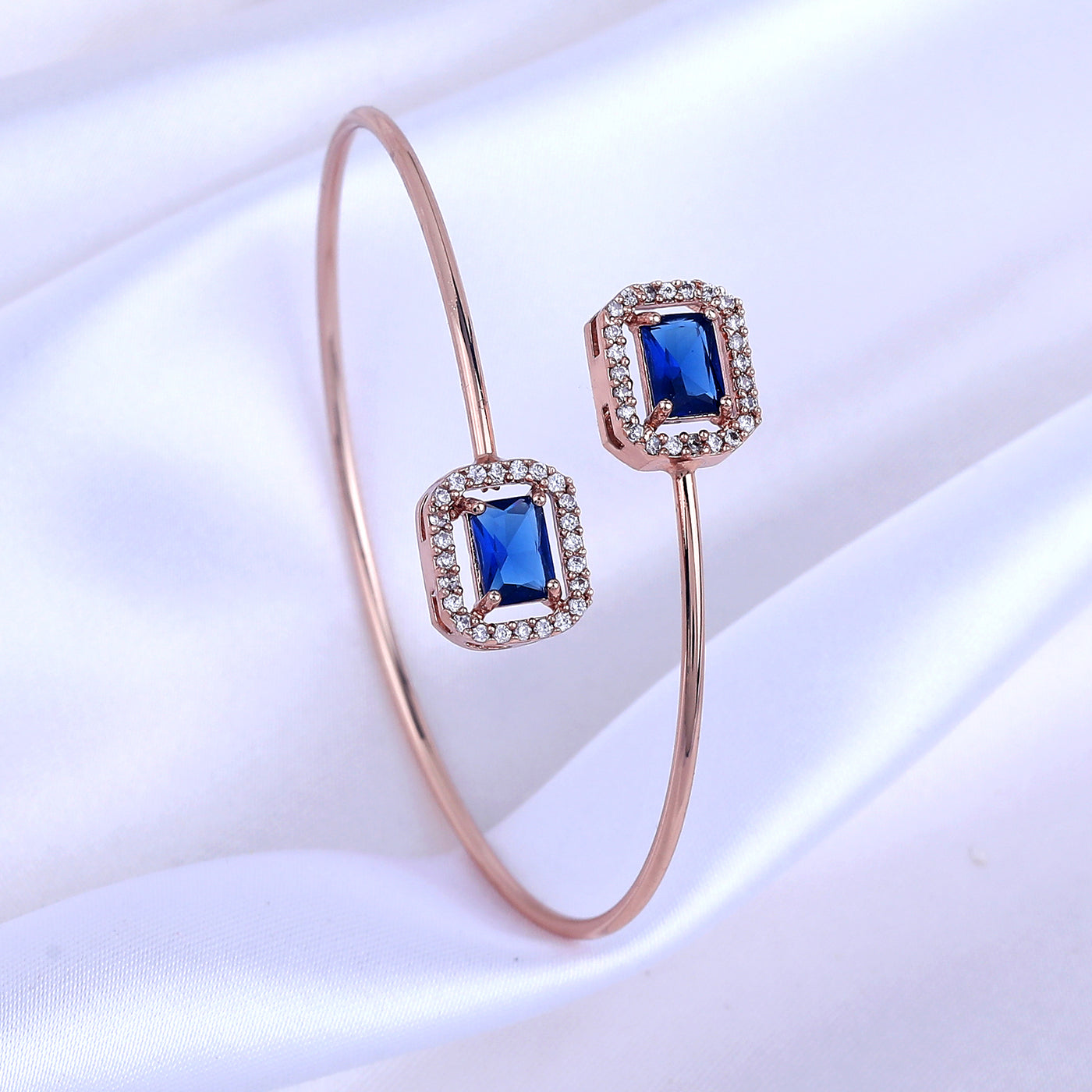 Estele Rosegold Plated Timeless Elegance Lightweight Cuff Kada Bracelet with Classic Blue Stones for Girls & Women