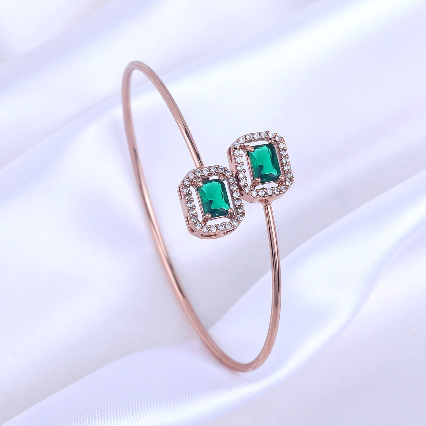 Estele Rosegold Plated Gorgeous Square Designer Lightweight Cuff Kada Bracelet with Green American Diamonds for Women