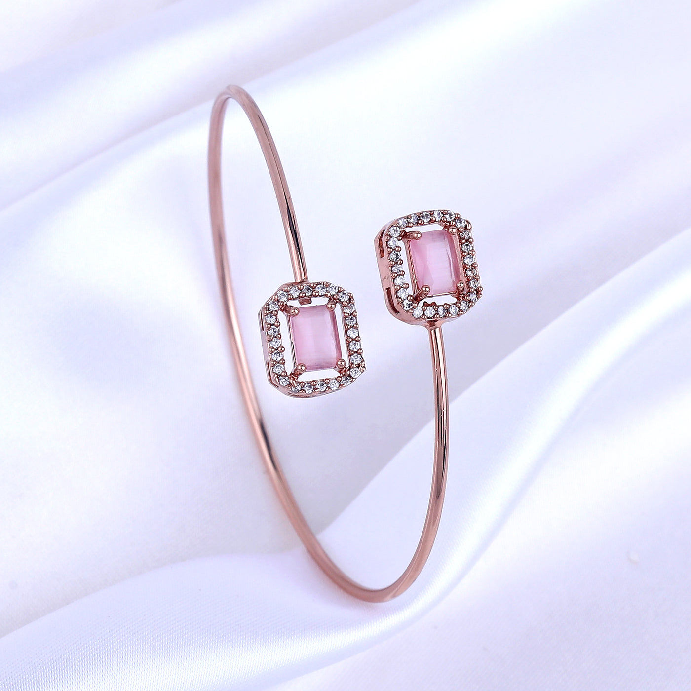 Estele Rosegold Plated Splendid Mint Pink American Diamonds Adorned Square Design Lightweight Cuff Kada Bracelet for Women