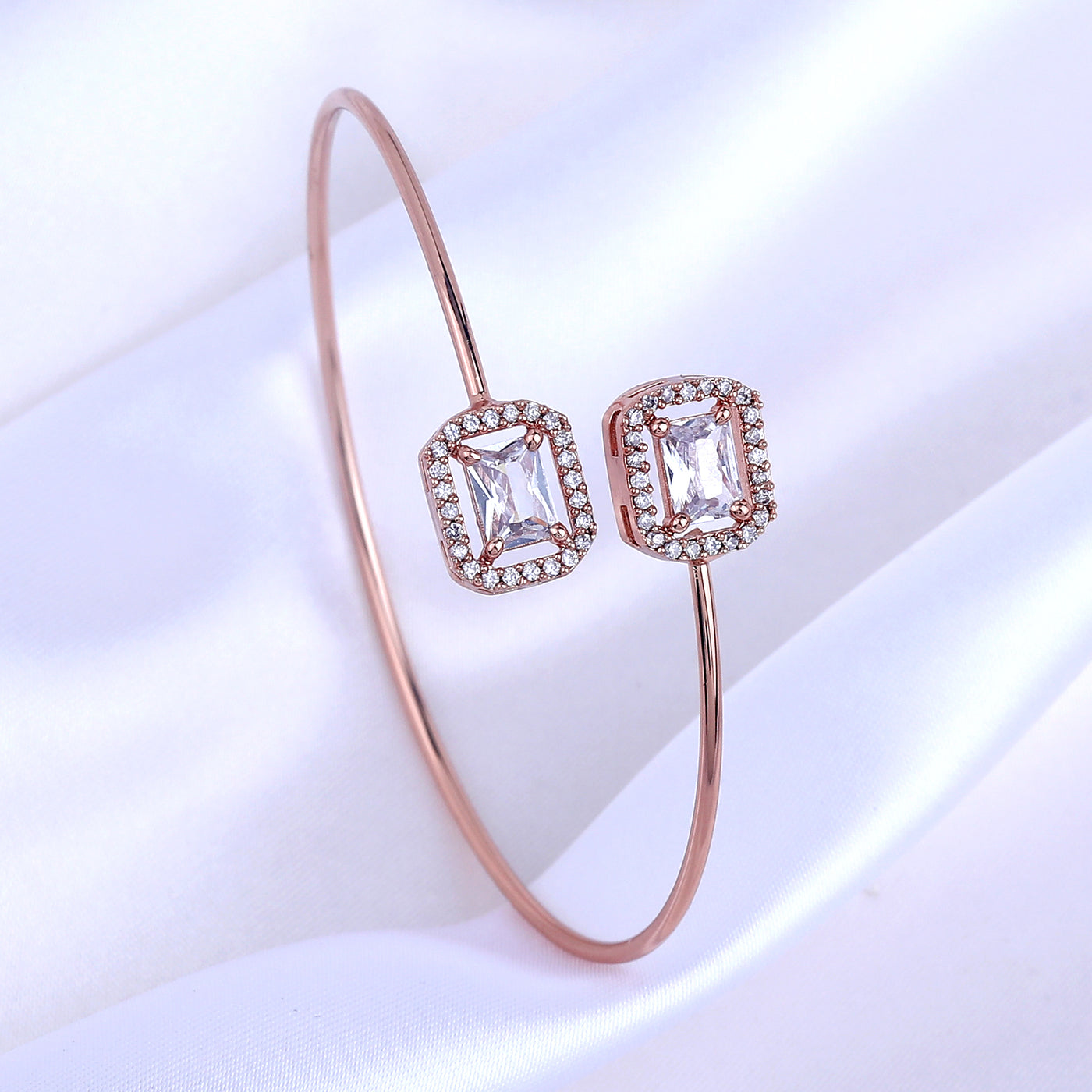 Estele Rosegold Plated Gleaming White American Diamonds Adorned Square Design Lightweight Cuff Kada Bracelet for Women