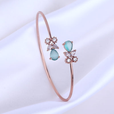 Estele Rosegold Plated Luxurious Lightweight Cuff Kada Bracelet with Mint Green American Diamonds|Effortless Glamour for Women