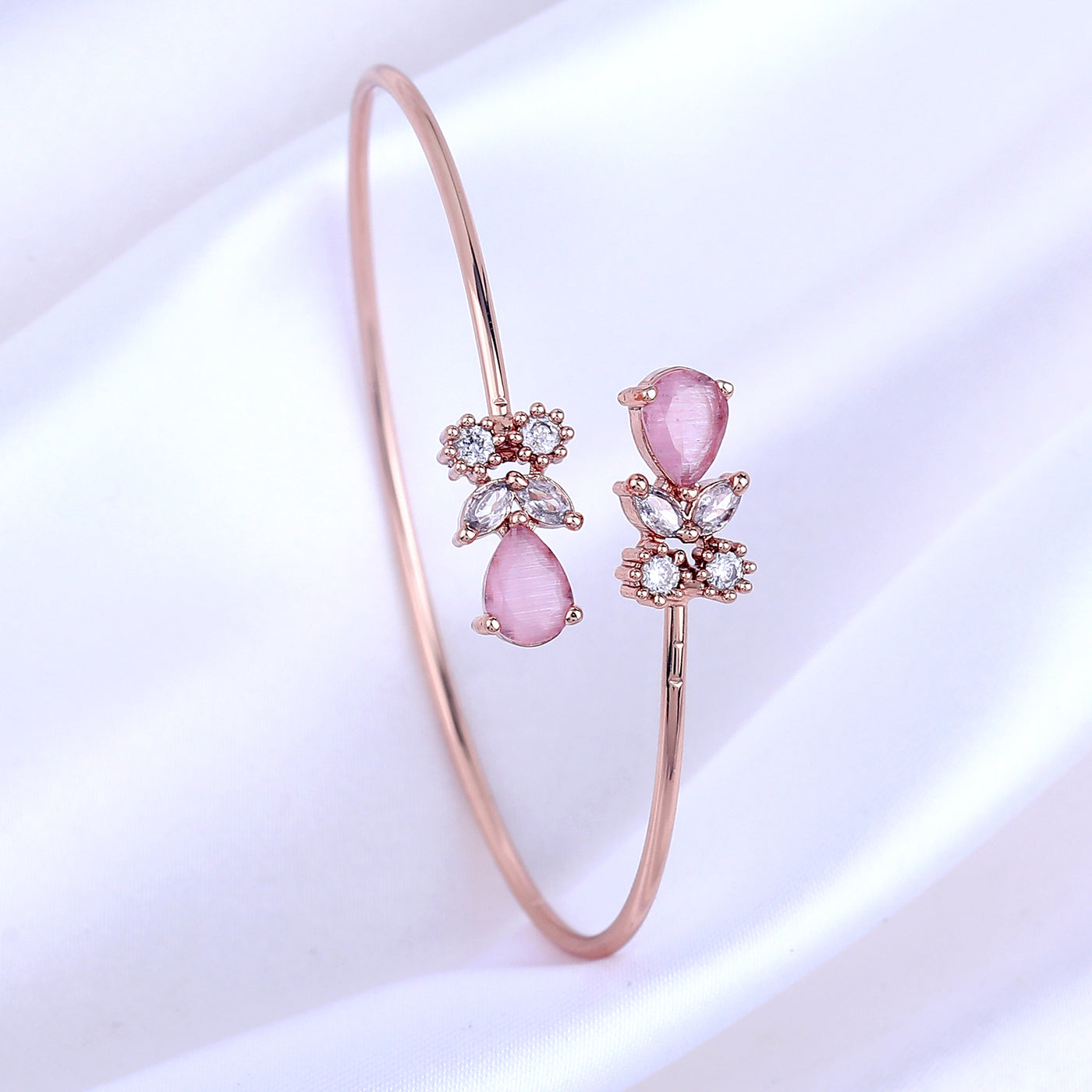 Estele Rosegold Plated Radiant Lightweight Cuff Kada Bracelet with Mint Pink American Diamonds|Timeless Elegance for Women