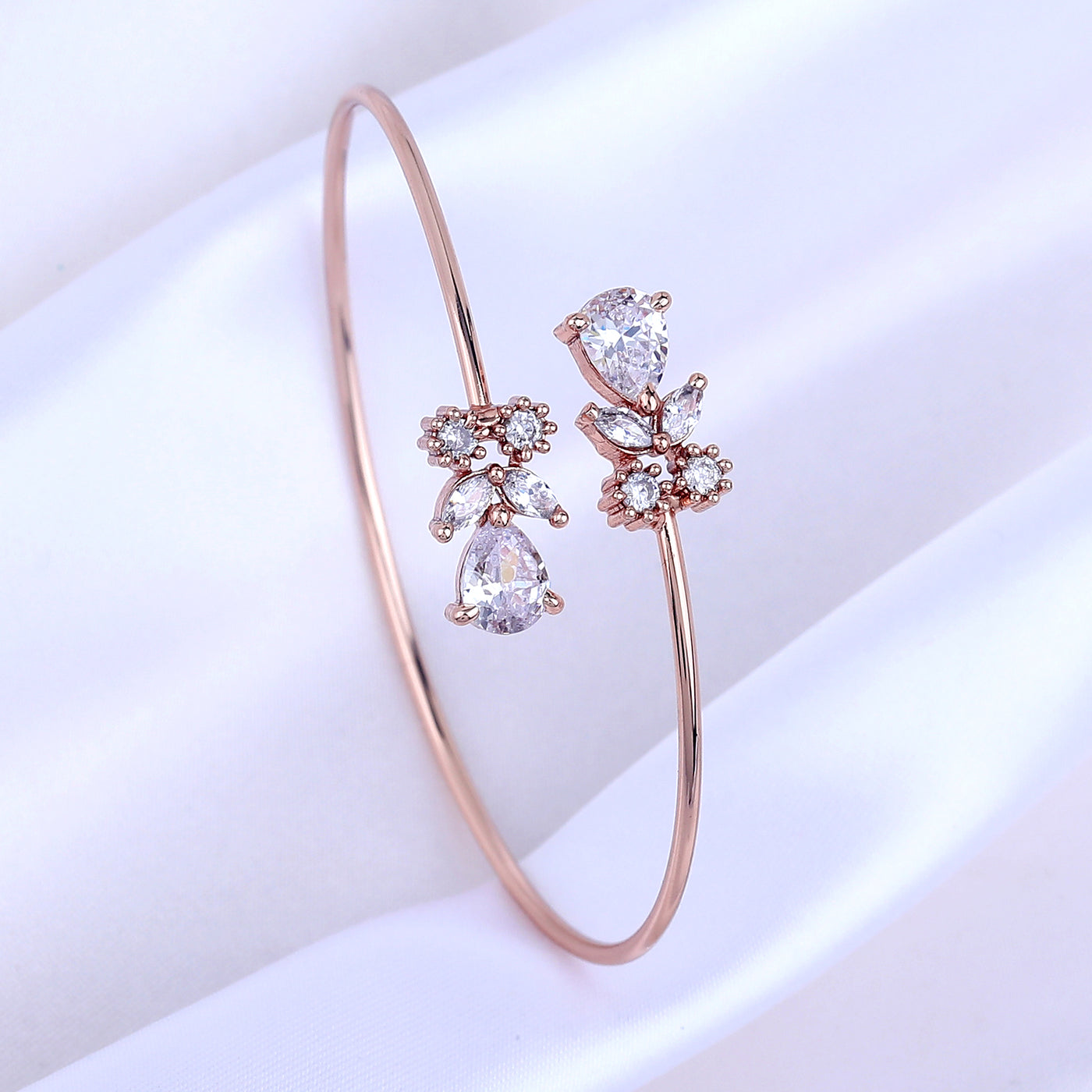 Estele Rosegold Plated Stylish & Elegant Lightweight Cuff Kada Bracelet with White American Diamonds for Women