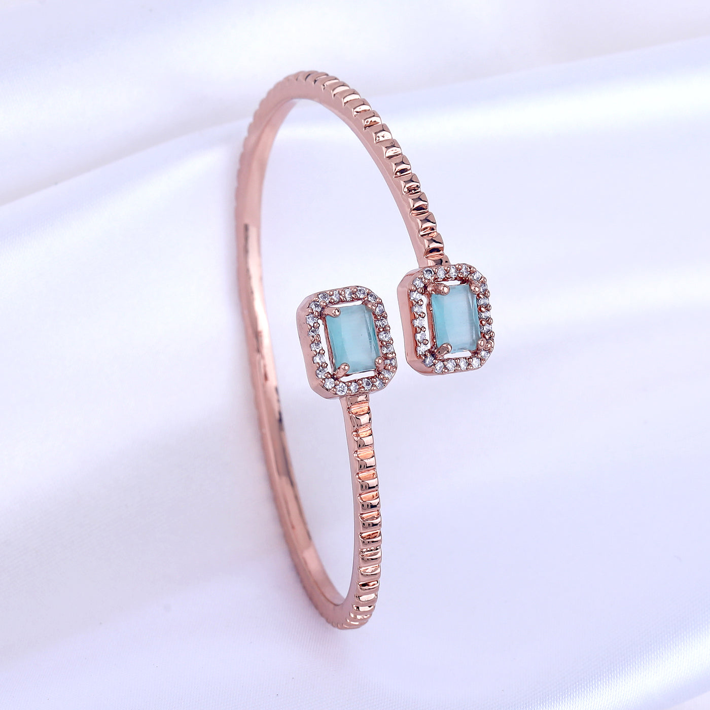 Estele Rosegold Plated Minimalistic Lightweight Kada Bracelet with Lavish Mint Green American Diamonds|Elegant Jewelry for Women