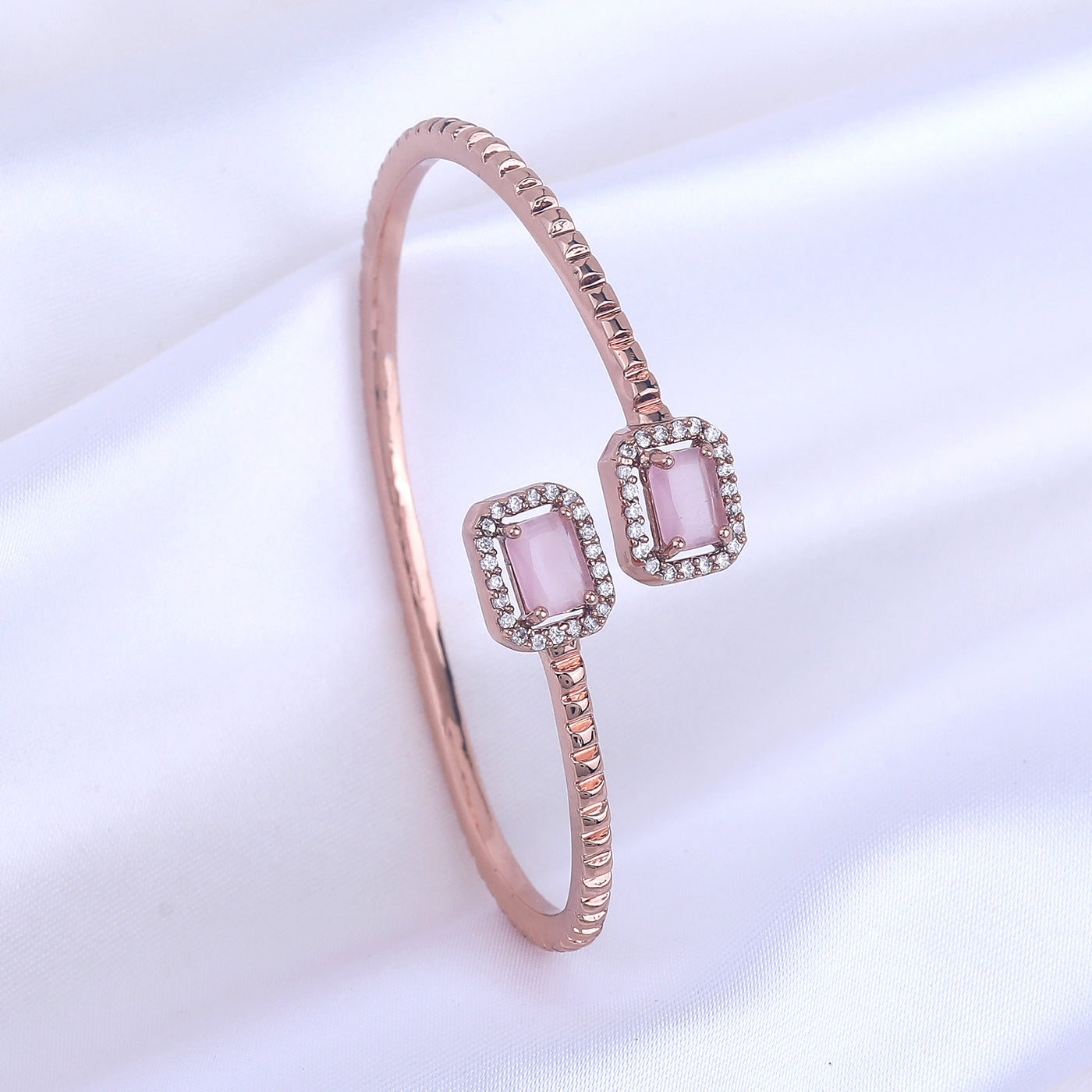 Estele Rosegold Plated Trendy Square Patterned Lightweight Kada Bracelet with Mint Pink Glittering American Diamonds for Women