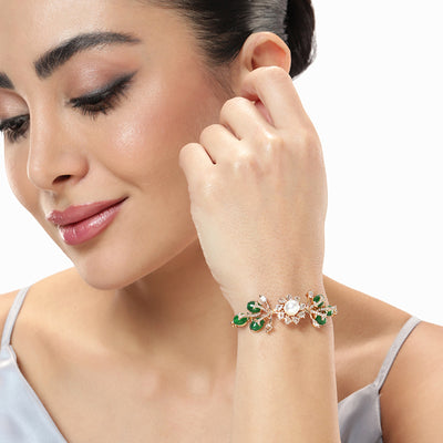 Estele Blooming Elegance Exclusive Rosegold Plated Adjustable Floral Bracelet & Ring Combo with Gorgeous Green Beads An Effortless Touch of Elegance