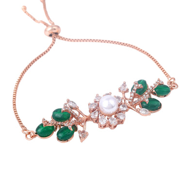 Estele Rosegold Plated Leafy Bloom Designer Adjustable Charm Bracelet with Green Beads for Women|A Perfect Blend of Nature & Style