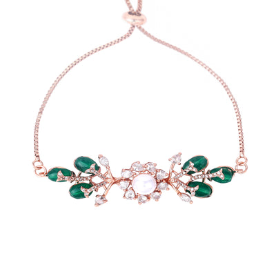 Estele Blooming Elegance Exclusive Rosegold Plated Adjustable Floral Bracelet & Ring Combo with Gorgeous Green Beads An Effortless Touch of Elegance