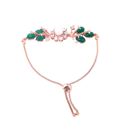 Estele Rosegold Plated Leafy Bloom Designer Adjustable Charm Bracelet with Green Beads for Women|A Perfect Blend of Nature & Style