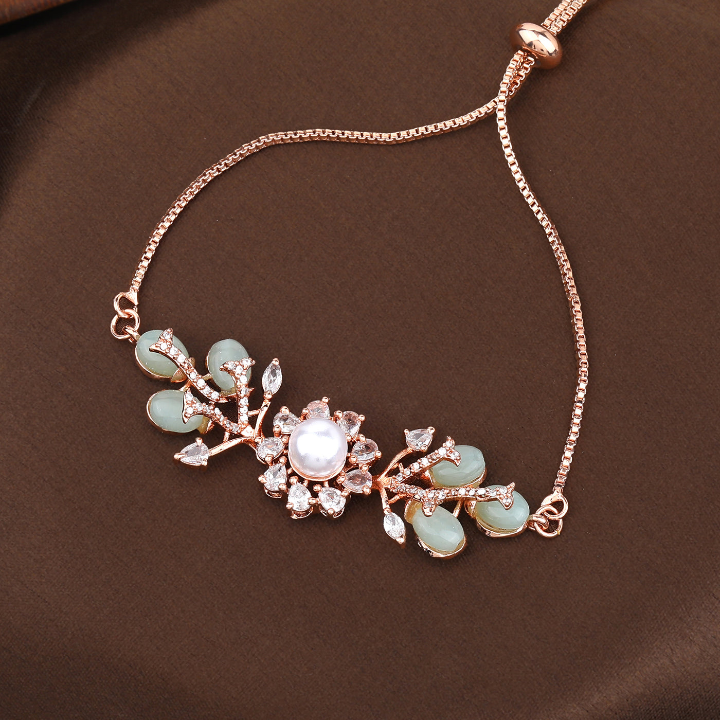 Estele Rosegold Plated Stylish Floral Beaded Adjustable Charm Bracelet with Mint Green Beads|Elegant Sparkle for Women