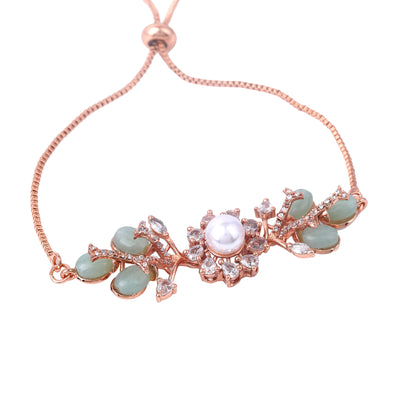 Estele Rosegold Plated Stylish Floral Beaded Adjustable Charm Bracelet with Mint Green Beads|Elegant Sparkle for Women