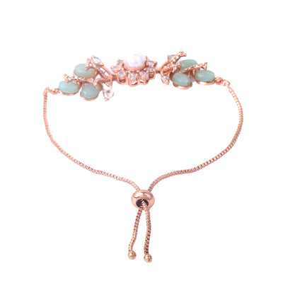 Estele Rosegold Plated Stylish Floral Beaded Adjustable Charm Bracelet with Mint Green Beads|Elegant Sparkle for Women