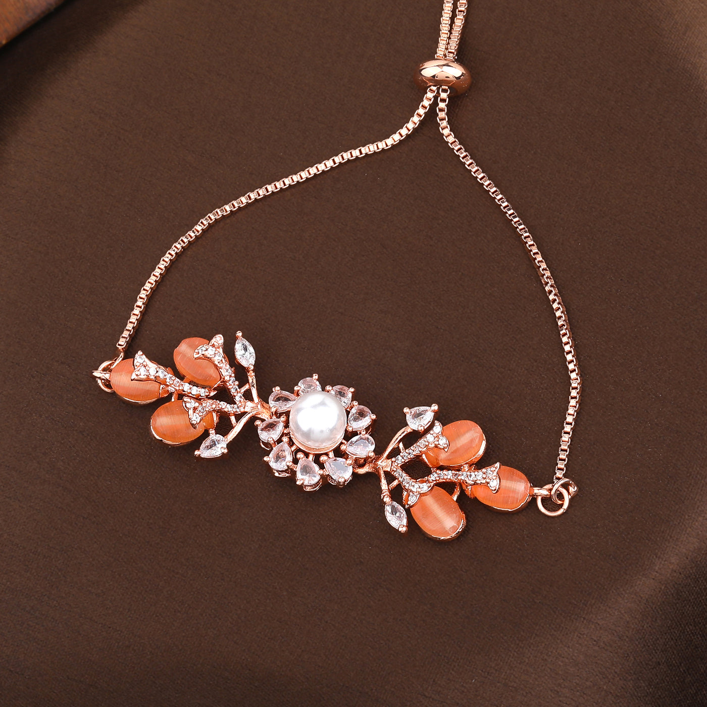 Estele Rosegold Plated Stunning Floral Motifs Adjustable Charm Bracelet with Mint Orange Beads|Timeless Charm for Women