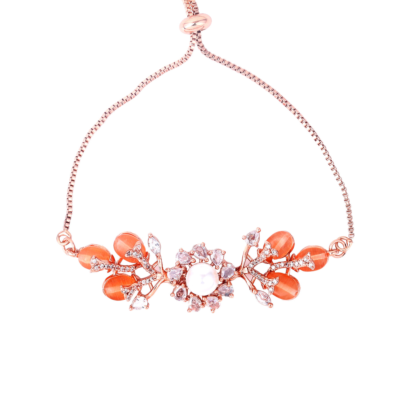 Estele Rosegold Plated Stunning Floral Motifs Adjustable Charm Bracelet with Mint Orange Beads|Timeless Charm for Women