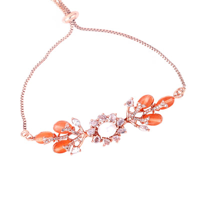 Estele Rosegold Plated Stunning Floral Motifs Adjustable Charm Bracelet with Mint Orange Beads|Timeless Charm for Women