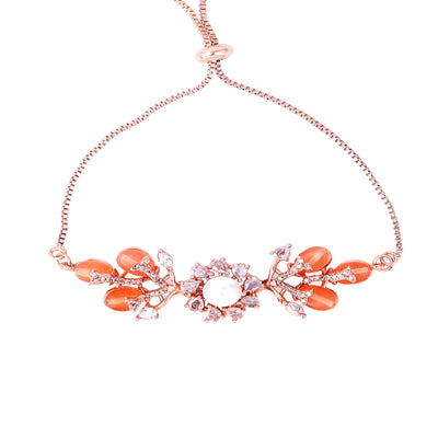 Estele Rosegold Plated Stunning Floral Motifs Adjustable Charm Bracelet with Mint Orange Beads|Timeless Charm for Women