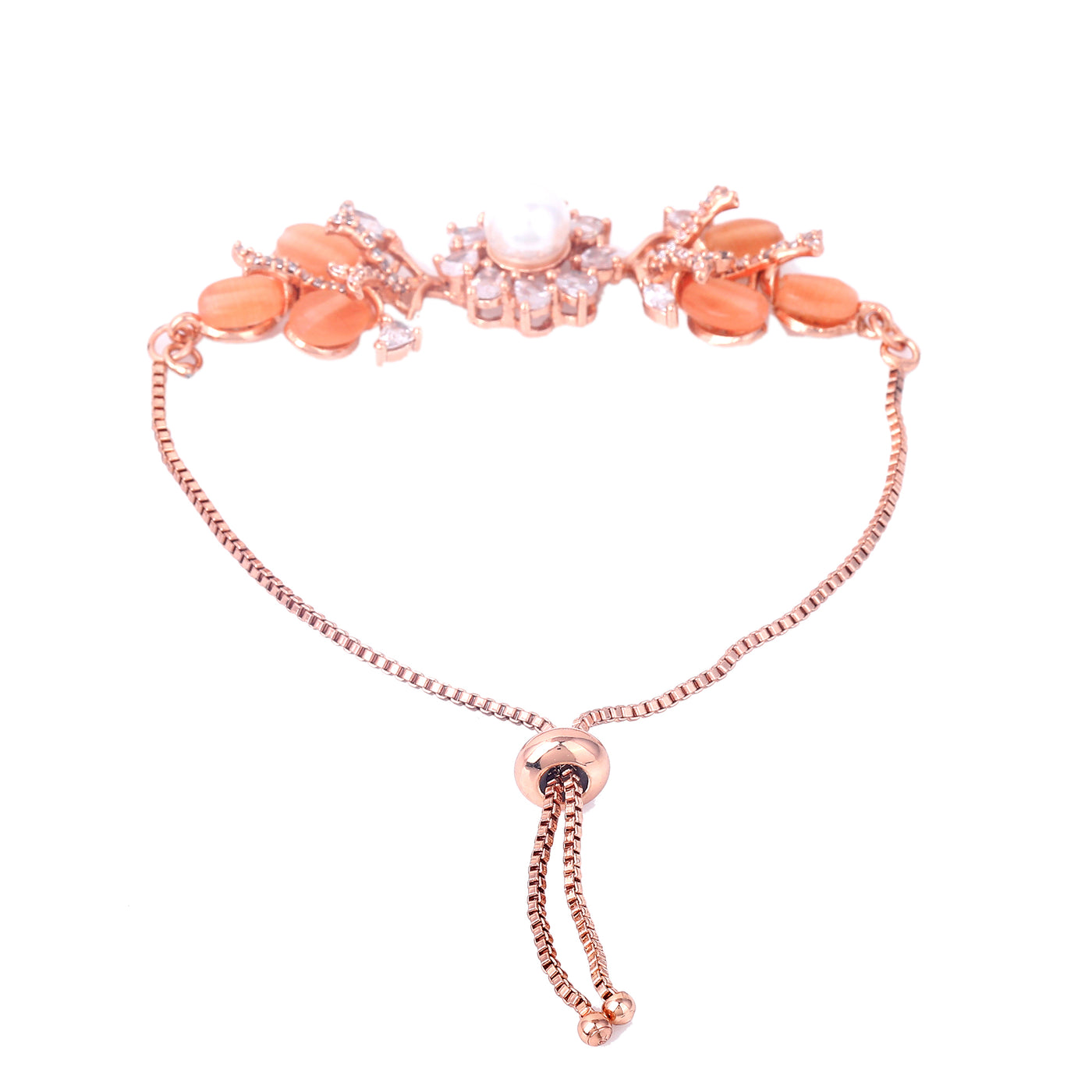 Estele Rosegold Plated Stunning Floral Motifs Adjustable Charm Bracelet with Mint Orange Beads|Timeless Charm for Women