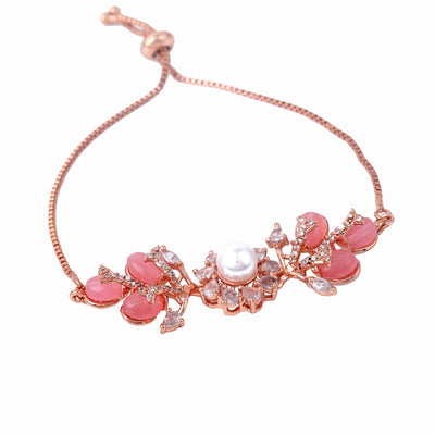 Estele Rosegold Plated Elegant Leafy Bloom Designer Charm Bracelet with Mint Pink Beads for Women|A Stylish Blend of Floral Grace