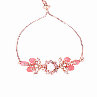 Estele Rosegold Plated Elegant Leafy Bloom Designer Charm Bracelet with Mint Pink Beads for Women|A Stylish Blend of Floral Grace