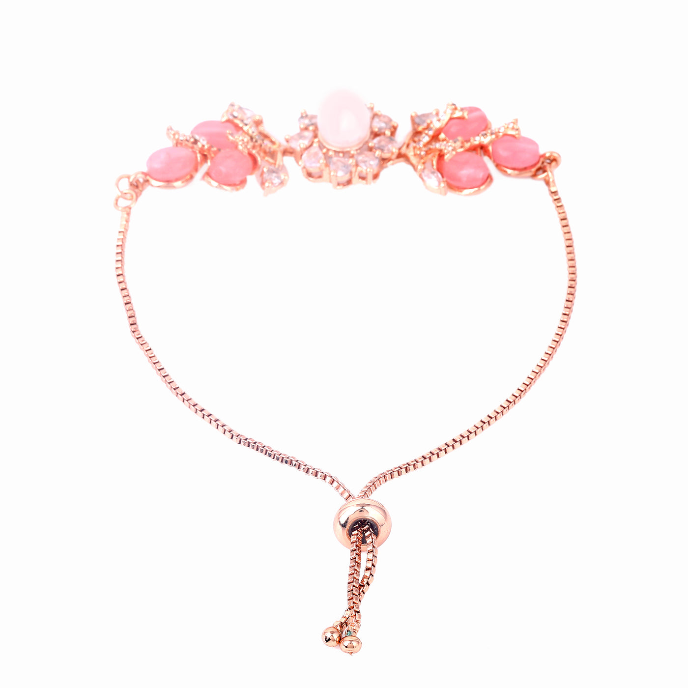 Estele Rosegold Plated Elegant Leafy Bloom Designer Charm Bracelet with Mint Pink Beads for Women|A Stylish Blend of Floral Grace