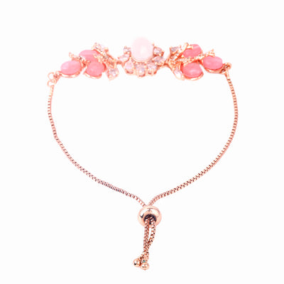 Estele Rosegold Plated Elegant Leafy Bloom Designer Charm Bracelet with Mint Pink Beads for Women|A Stylish Blend of Floral Grace