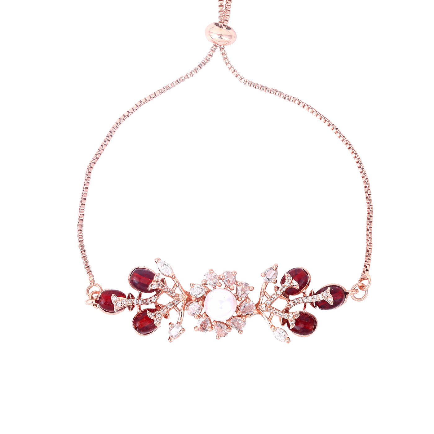 Estele Rosegold Plated Nature-Inspired Leafy Bloom Charm Bracelet with Ruby Beads for Women|A Stylish Accessory for Modern Women