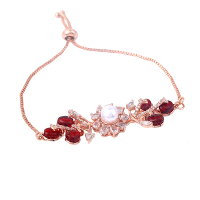 Estele Rosegold Plated Nature-Inspired Leafy Bloom Charm Bracelet with Ruby Beads for Women|A Stylish Accessory for Modern Women