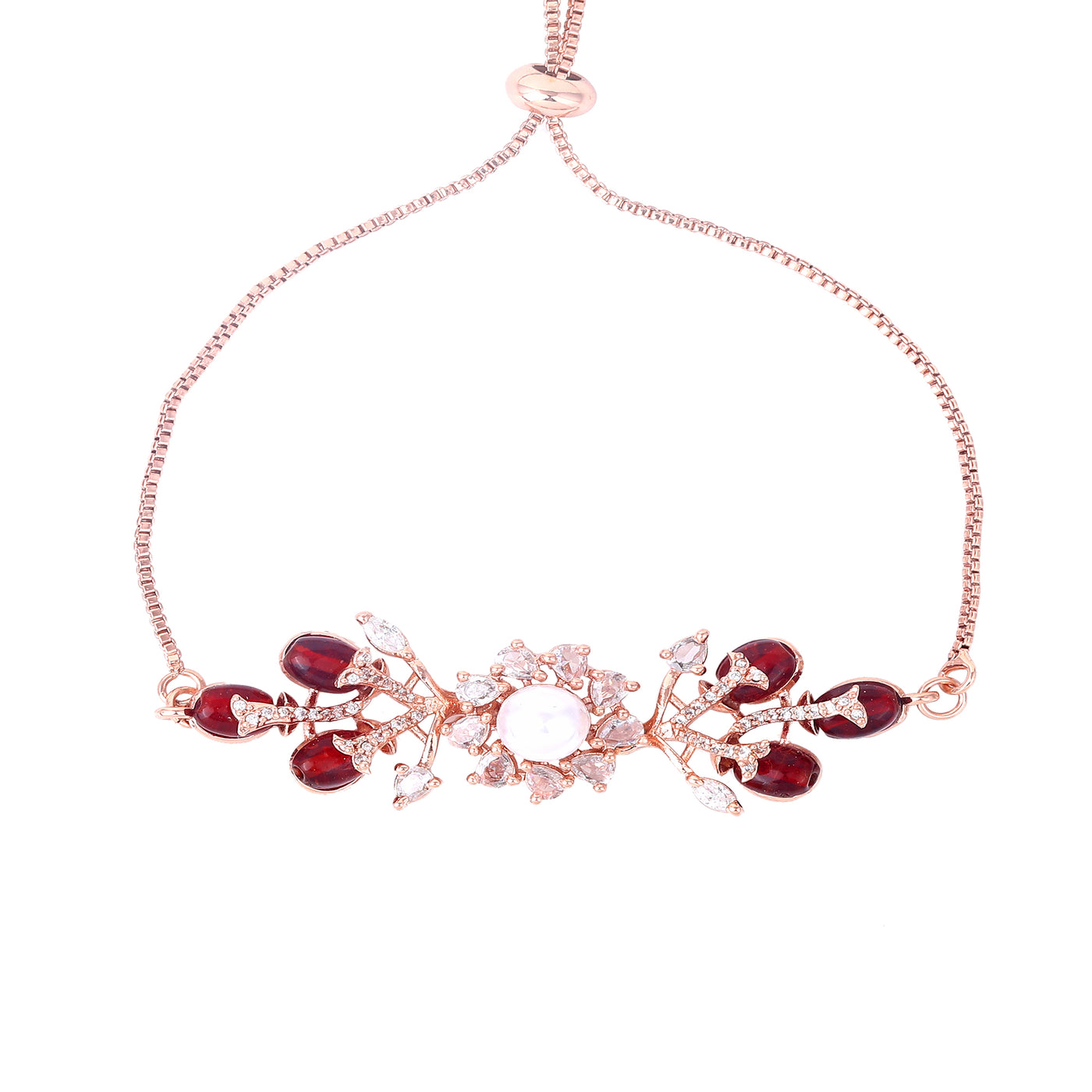 Estele Rosegold Plated Nature-Inspired Leafy Bloom Charm Bracelet with Ruby Beads for Women|A Stylish Accessory for Modern Women